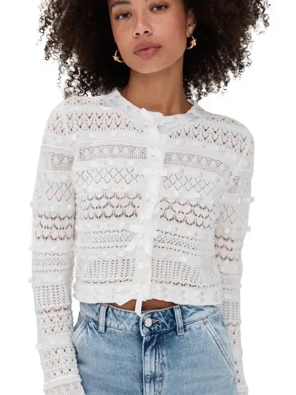 NWT LoveShackFancy Roselline Pointelle Knit Cardigan in White Size XXS